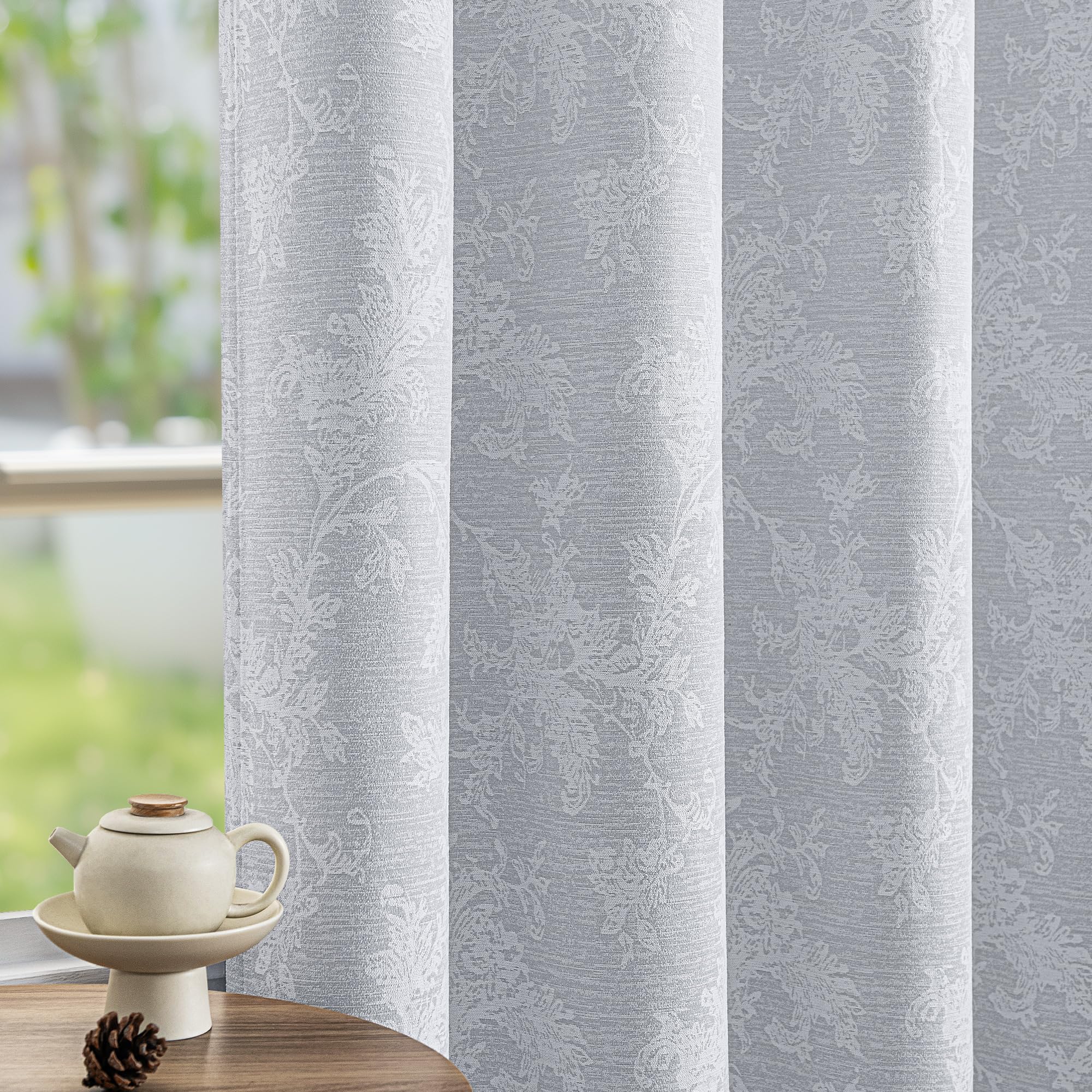 FMFUNCTEX Blue Floral Jacquard Blackout Curtains 96 Inches Long for Bedroom, Scroll Flower Chenille Farmhouse Curtains for Living Room Darkening Thermal Insulated Grommet Window Drapes 2 Panels