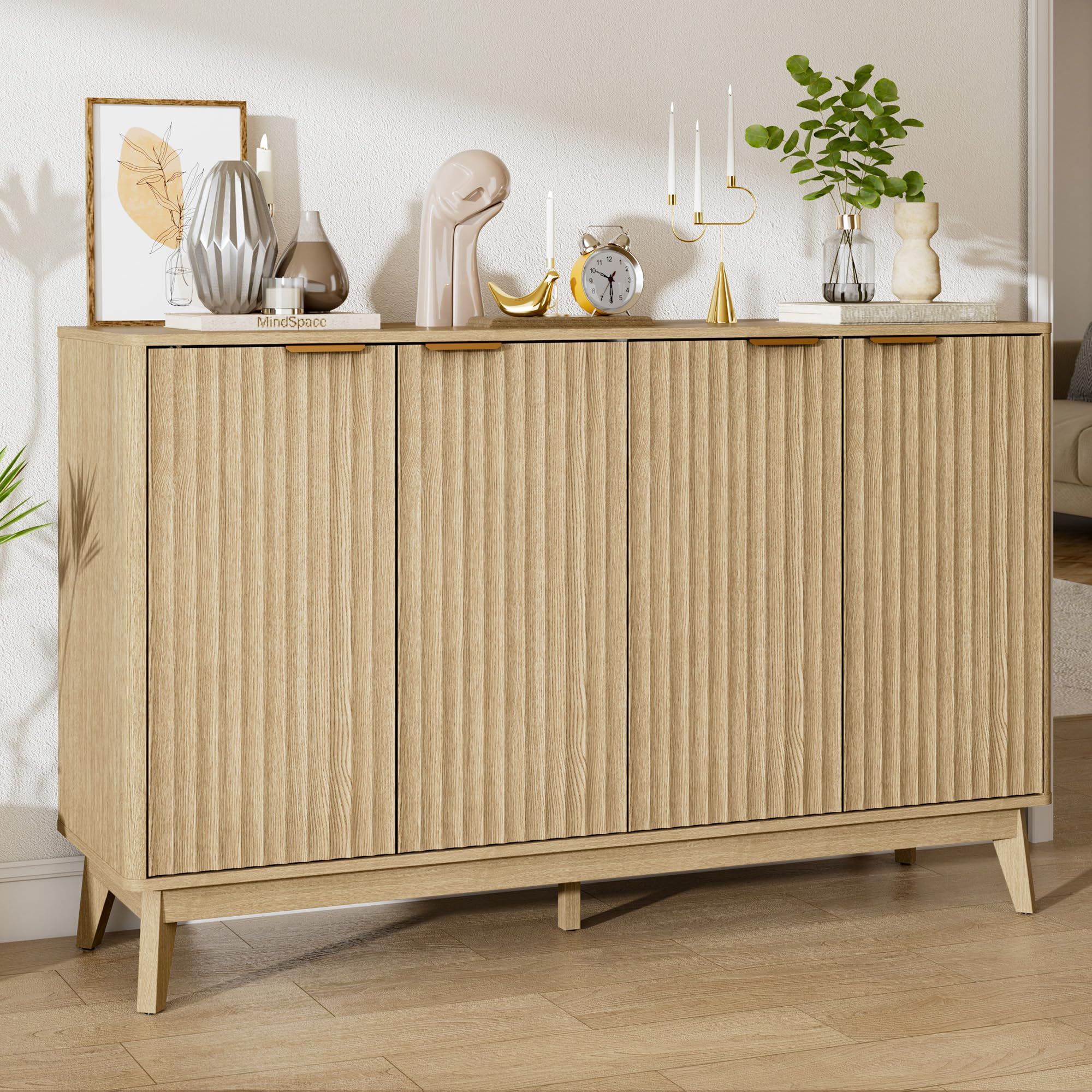 Sideboard Cabinet, 55'' Buffet Cabinet with Faux Marble Top & Adjustable Shelf, Modern Fluted Storage Cabinet, Accent Credenza Sideboard for Kitchen, Living Room, Entryway