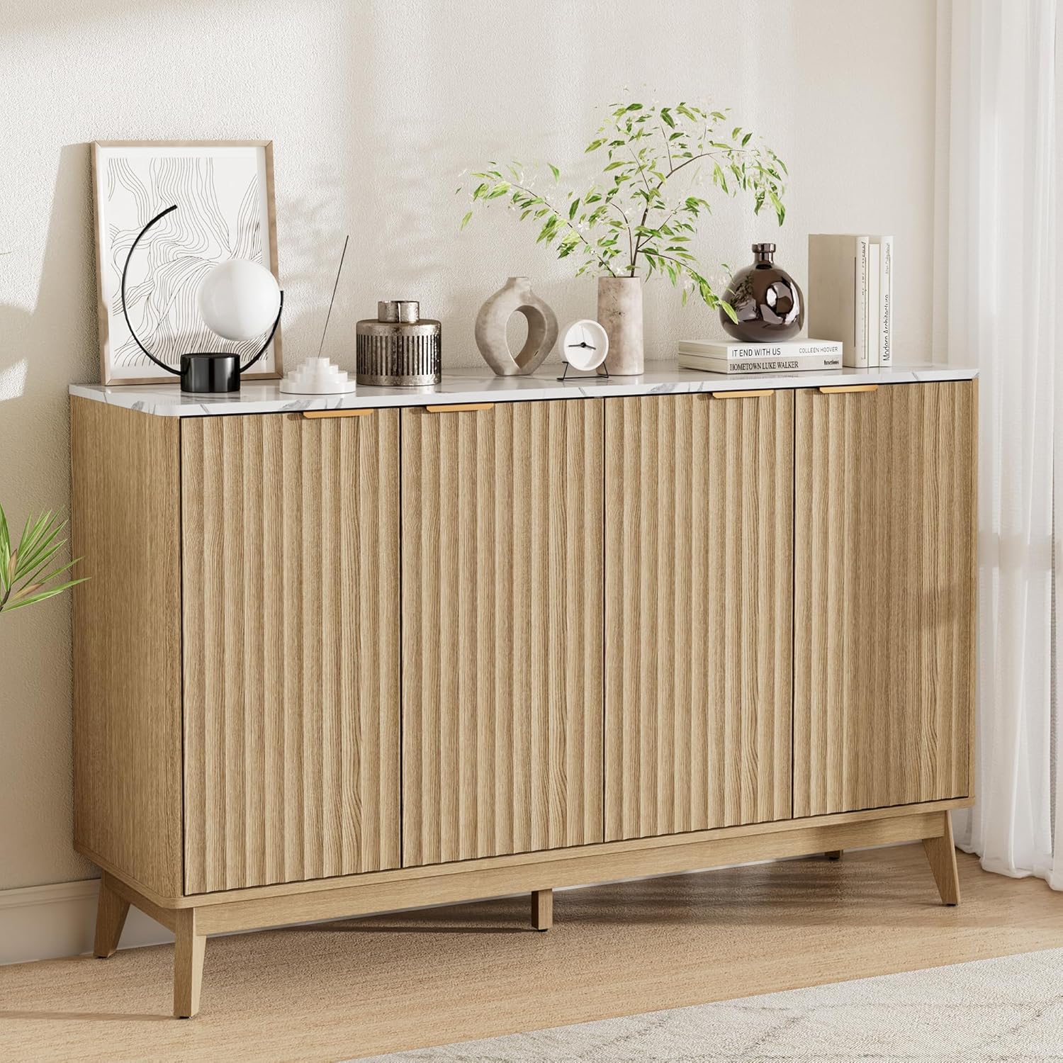 Sideboard Cabinet, 55'' Buffet Cabinet with Faux Marble Top & Adjustable Shelf, Modern Fluted Storage Cabinet, Accent Credenza Sideboard for Kitchen, Living Room, Entryway