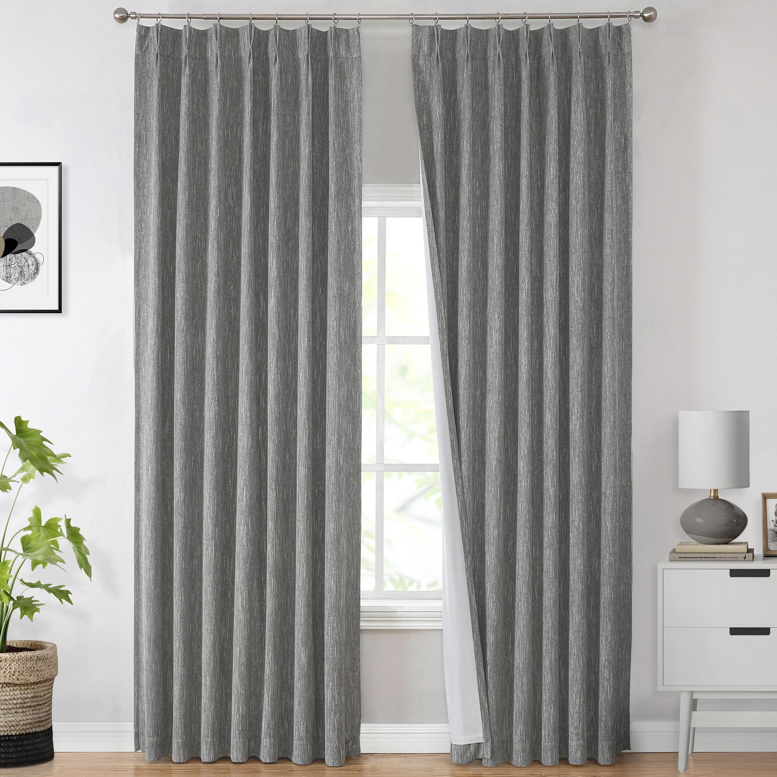 Vision Home Natural Pinch Pleated Full Blackout Curtains Linen Blended Room Darkening Window Curtains 90 inch for Living Room Bedroom Thermal Insulated Pinch Pleat Drapes with Hooks 2 Panel 40"Wx90"L