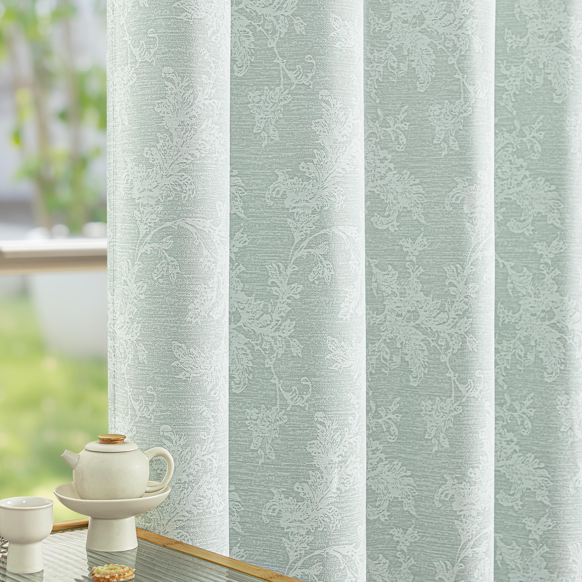 FMFUNCTEX Blue Floral Jacquard Blackout Curtains 96 Inches Long for Bedroom, Scroll Flower Chenille Farmhouse Curtains for Living Room Darkening Thermal Insulated Grommet Window Drapes 2 Panels