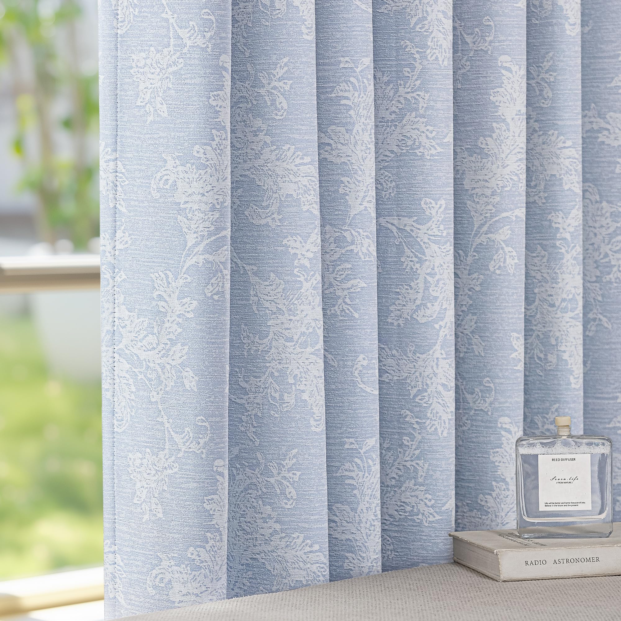 FMFUNCTEX Blue Floral Jacquard Blackout Curtains 96 Inches Long for Bedroom, Scroll Flower Chenille Farmhouse Curtains for Living Room Darkening Thermal Insulated Grommet Window Drapes 2 Panels
