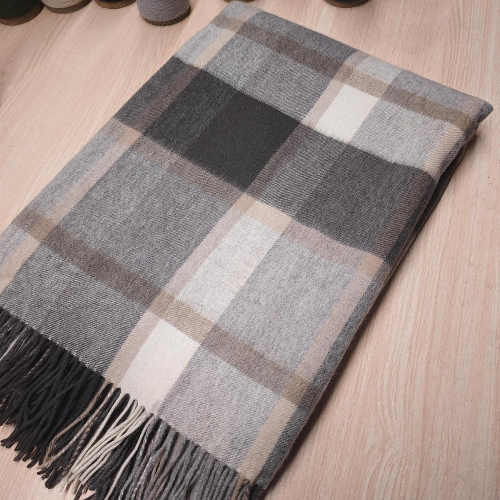 Soft Pure Wool Throw Blanket, Lightweight Warmth, 55"x83", Plaid, Fringe, Compact with Bag, Useful Gift for Women Men, All Season Decorative Cozy Travel Blanket for Couch Bed, Outdoors