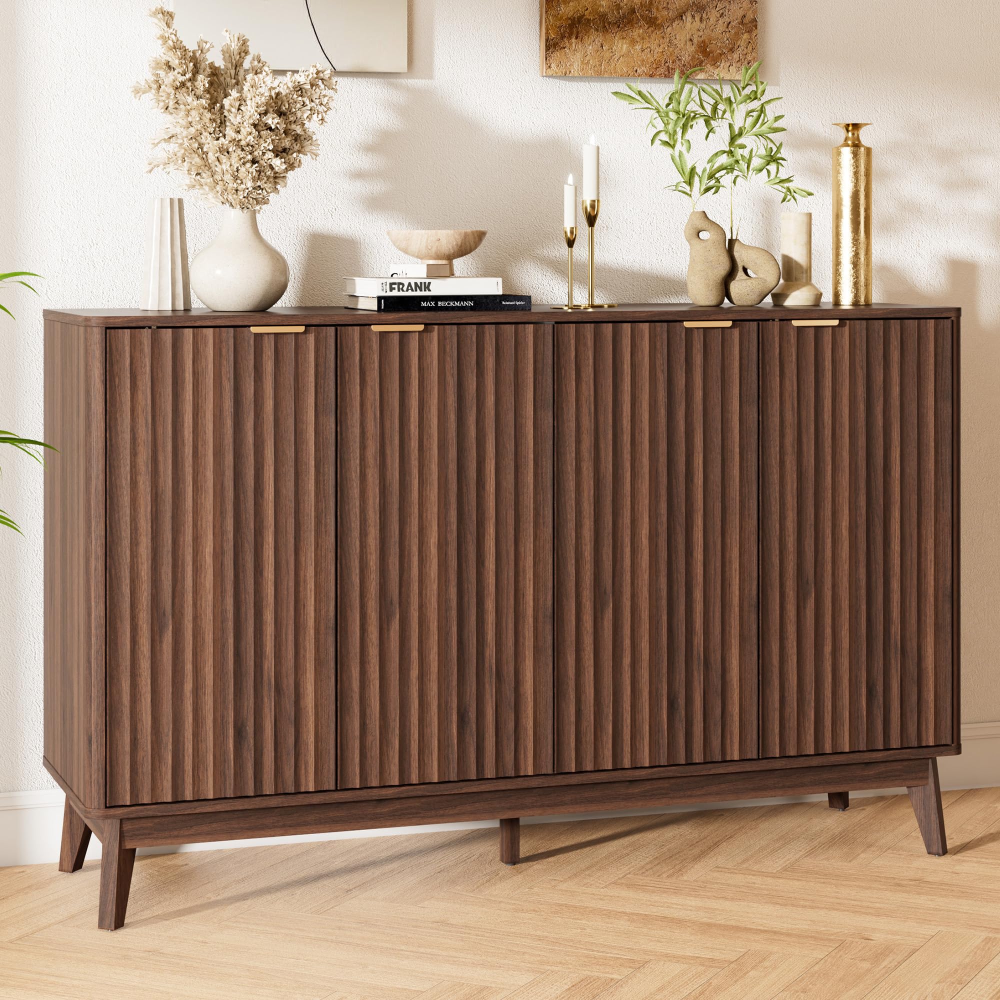 Sideboard Cabinet, 55'' Buffet Cabinet with Faux Marble Top & Adjustable Shelf, Modern Fluted Storage Cabinet, Accent Credenza Sideboard for Kitchen, Living Room, Entryway