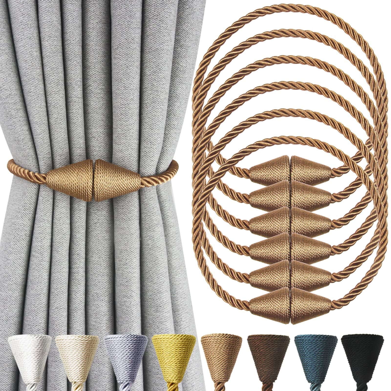 2 Pack Magnetic Curtain Tiebacks Rope Modern Handmade Curtain Tie Backs Decorative Drapes Weave Holdbacks for Window Décor, Khaki