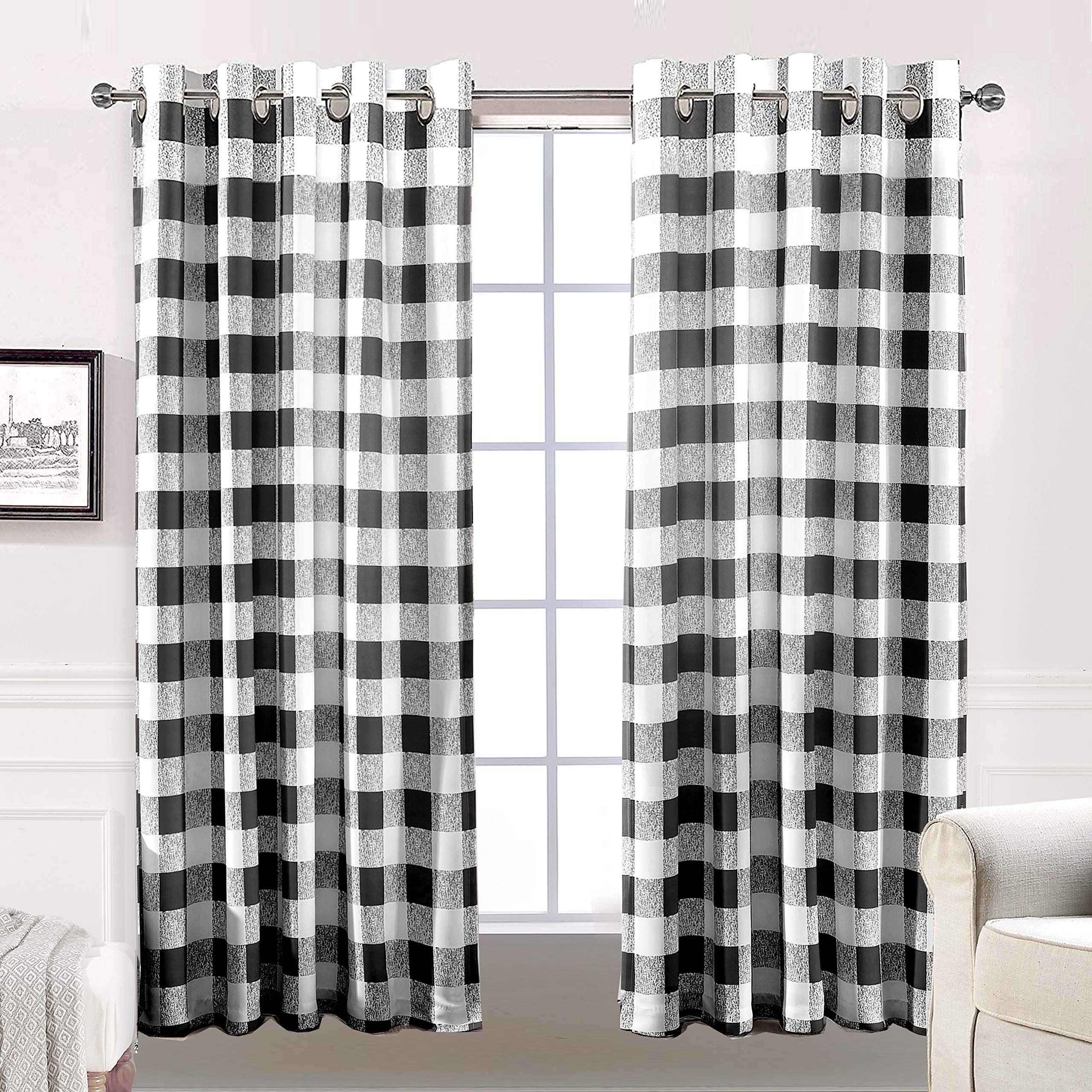 DriftAway Buffalo Plaid Blackout Curtains Linen Textured Farmhouse Double Layer Thermal Insulated Yarn Dyed Woven Checkered Gingham Grommet Drapes for Living Room 2 Panels Each 52W x 84L Taupe