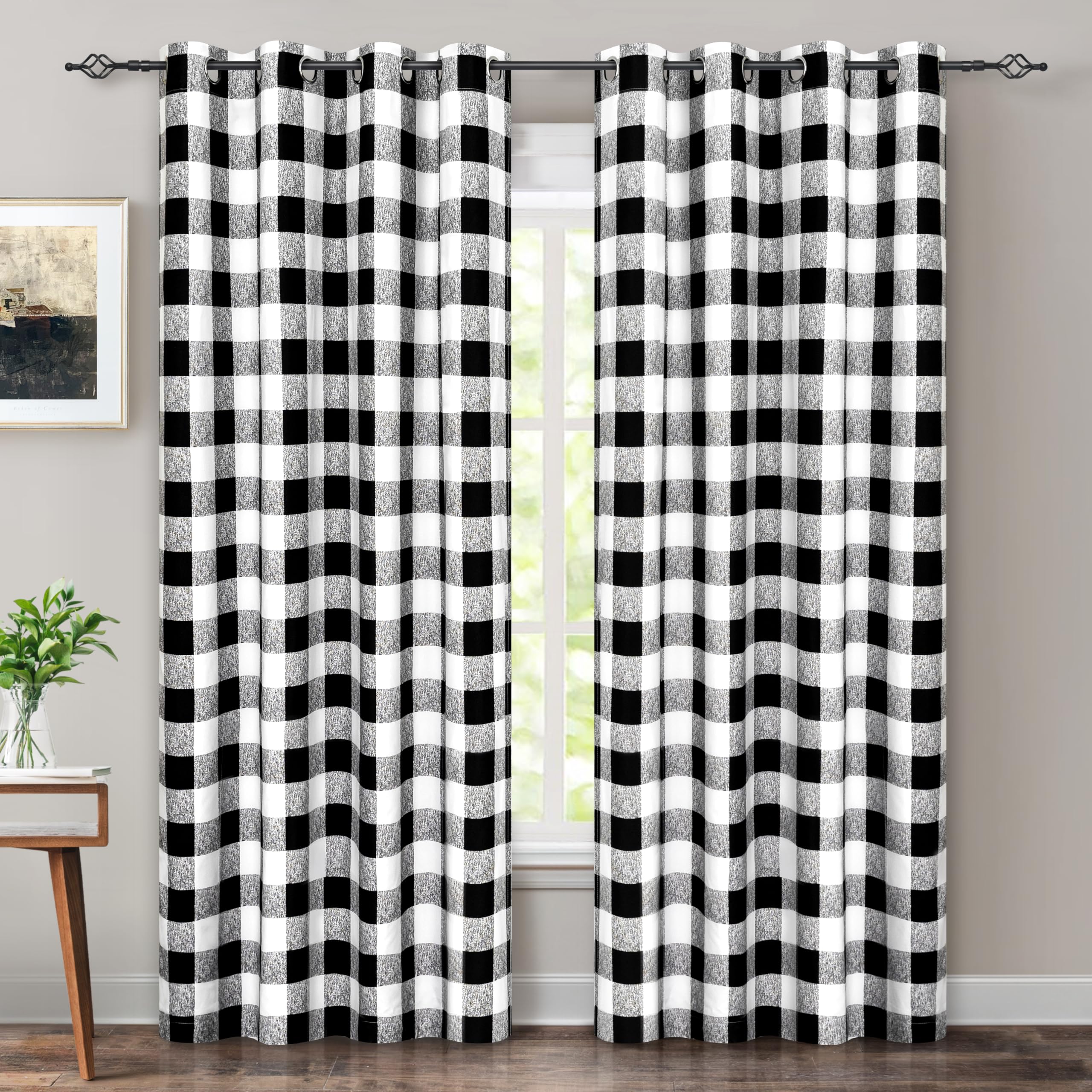 DriftAway Buffalo Plaid Blackout Curtains Linen Textured Farmhouse Double Layer Thermal Insulated Yarn Dyed Woven Checkered Gingham Grommet Drapes for Living Room 2 Panels Each 52W x 84L Taupe