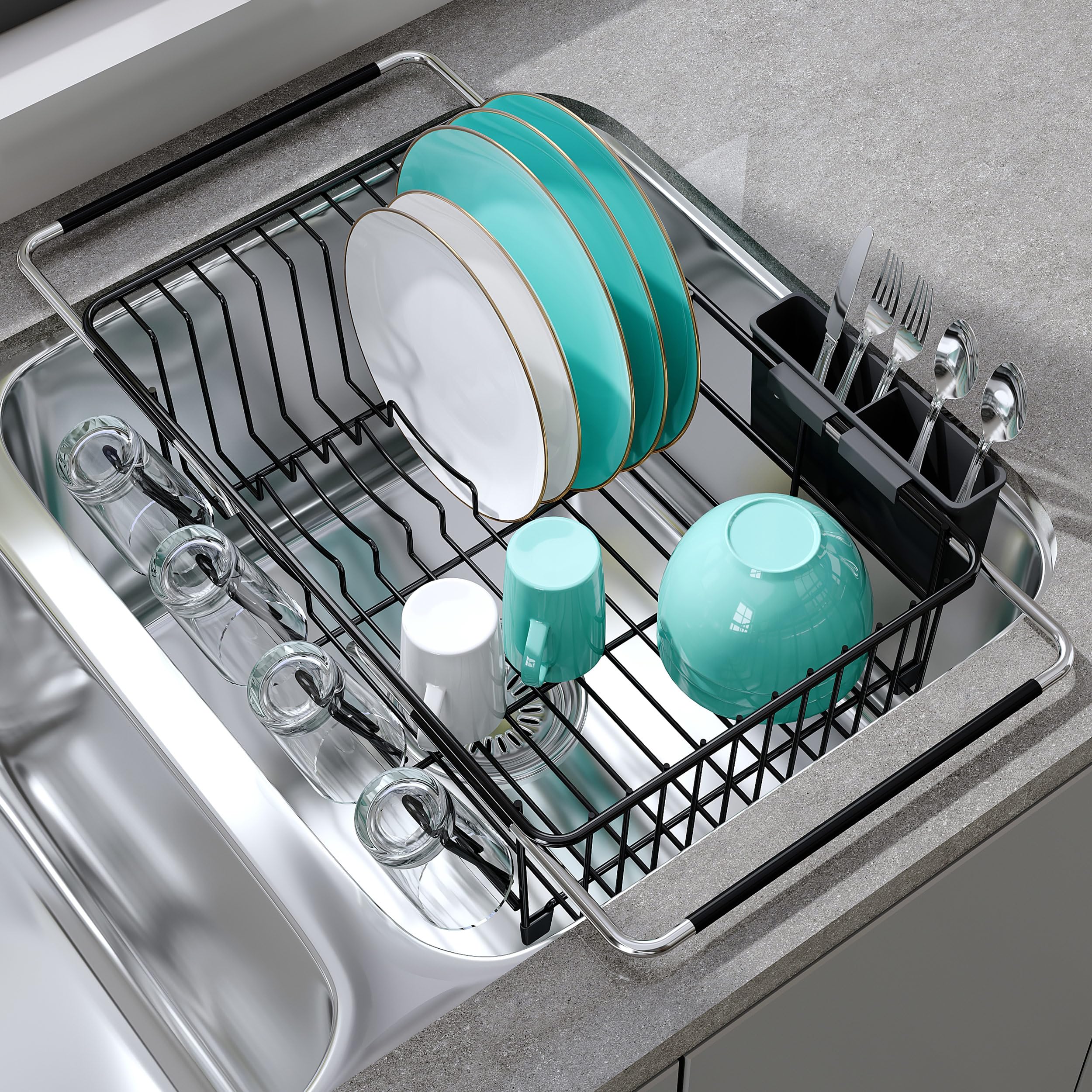 JASIWAY Dish Drying Rack in Sink, Expandable Stainless Steel Dish Drainers for Kitchen Counter, Dish Dryer Rack for Inside Sink, Over The Sink Dish Racks with Utensil Holder, Silver