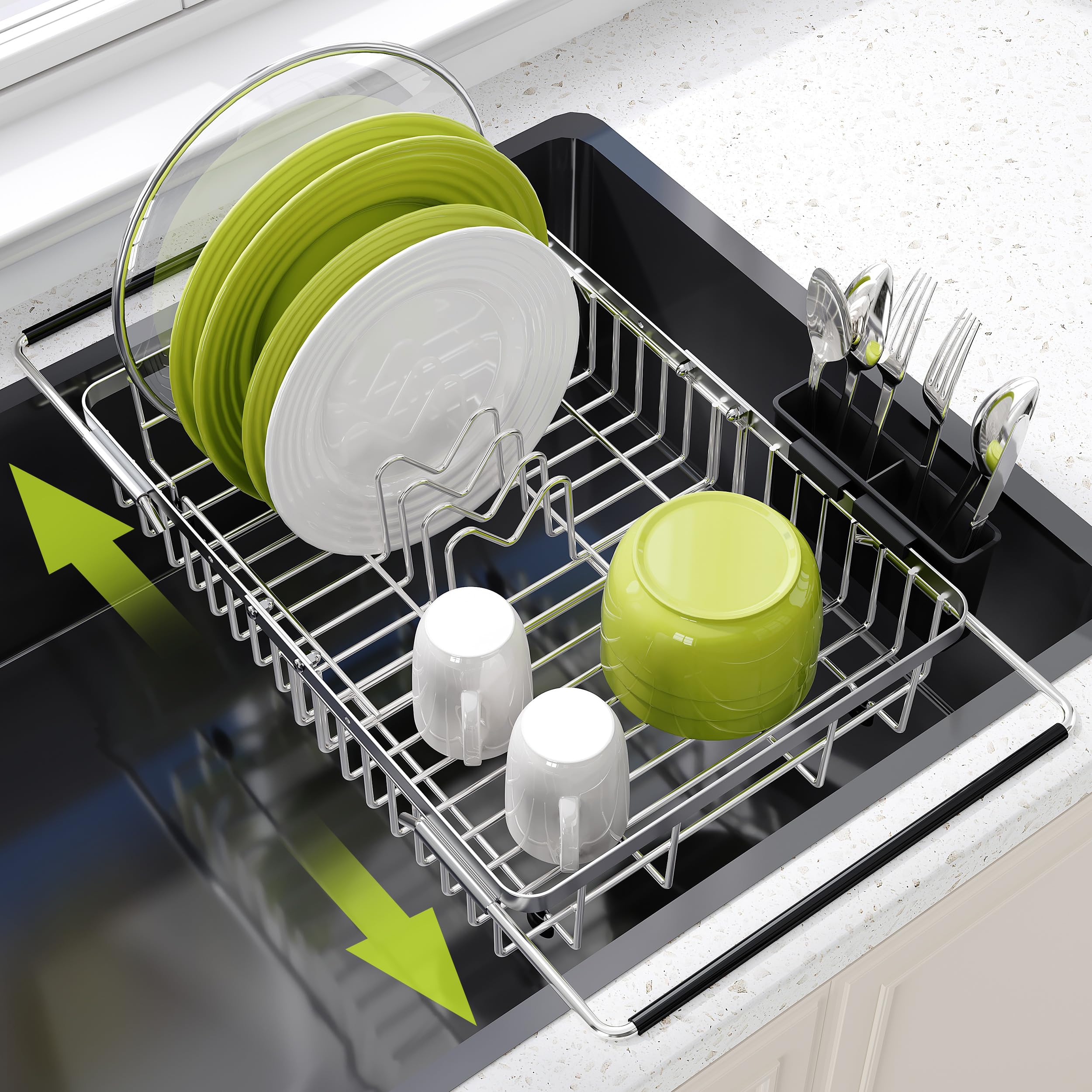 JASIWAY Dish Drying Rack in Sink, Expandable Stainless Steel Dish Drainers for Kitchen Counter, Dish Dryer Rack for Inside Sink, Over The Sink Dish Racks with Utensil Holder, Silver