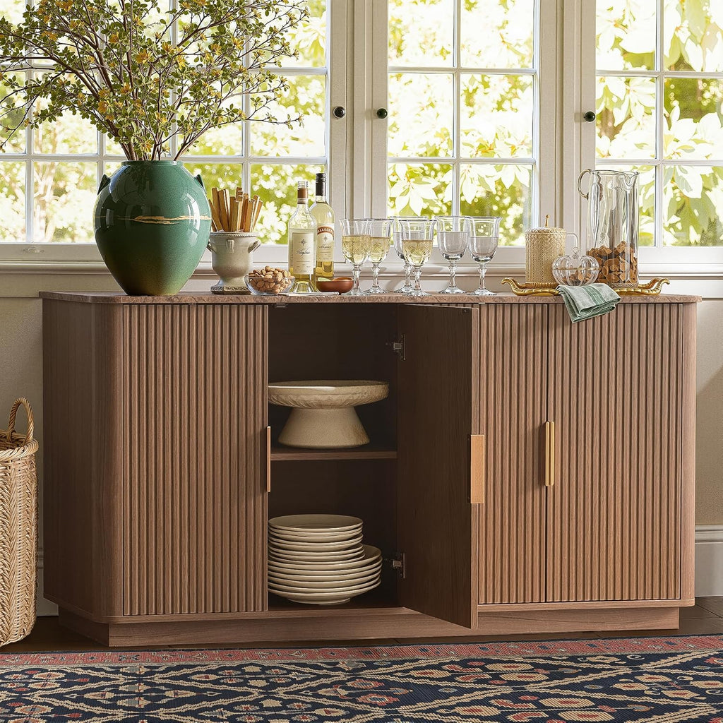 WIN2WIN 63" Fluted Sideboard Buffet Cabinet with Storage, Mid Century Modern Credenza with Faux Marble Top, Curved Corners, Wood Media TV Console Accent Cabinet for Living Room Kitchen Hallway, Walnut