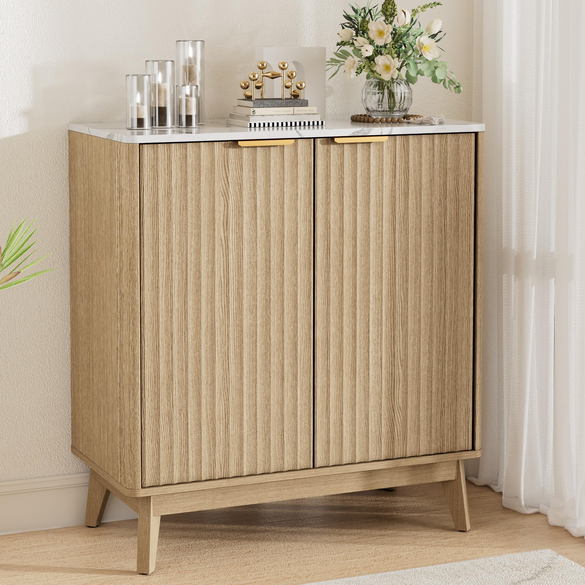 Sideboard Cabinet, 55'' Buffet Cabinet with Faux Marble Top & Adjustable Shelf, Modern Fluted Storage Cabinet, Accent Credenza Sideboard for Kitchen, Living Room, Entryway