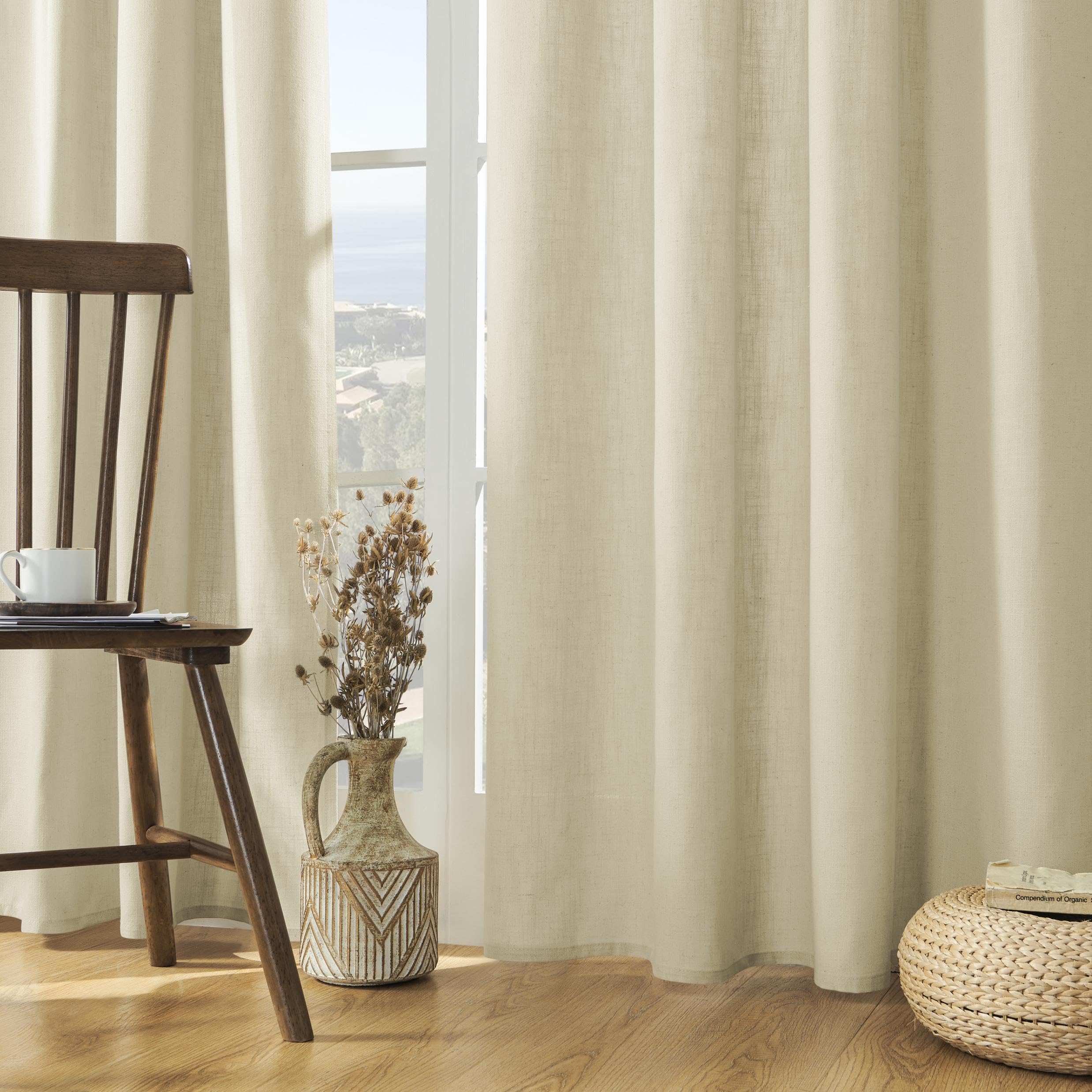 Joydeco Curtains, 108 Inches Long, 2 Panels Set, Farmhouse Drapes for Living Room, Semi-Blackout, Linen-Polyester, Ivory on Linen, Rod Pocket