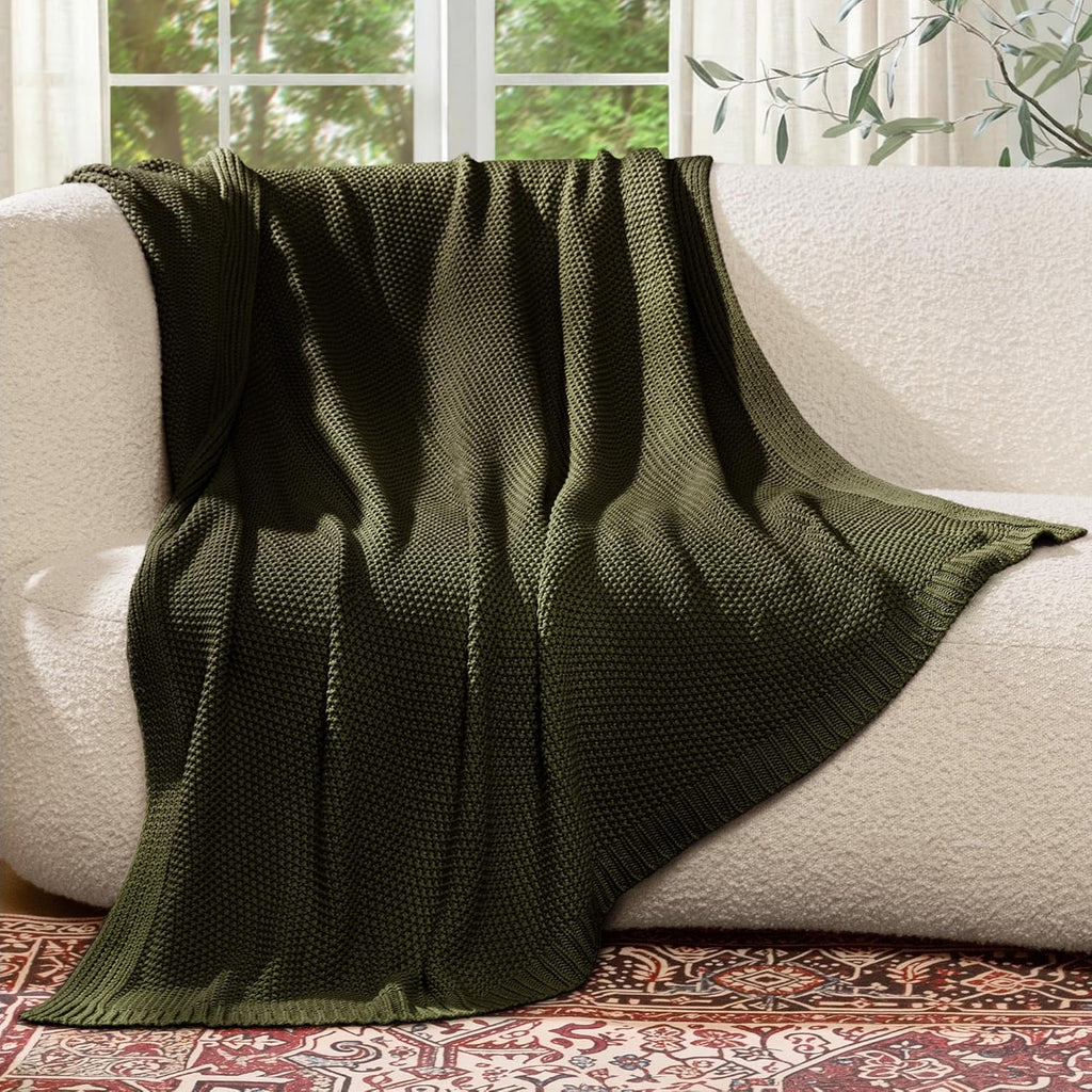 Olive Green Cable Knit Cotton Throw Blanket 50×60 Inch