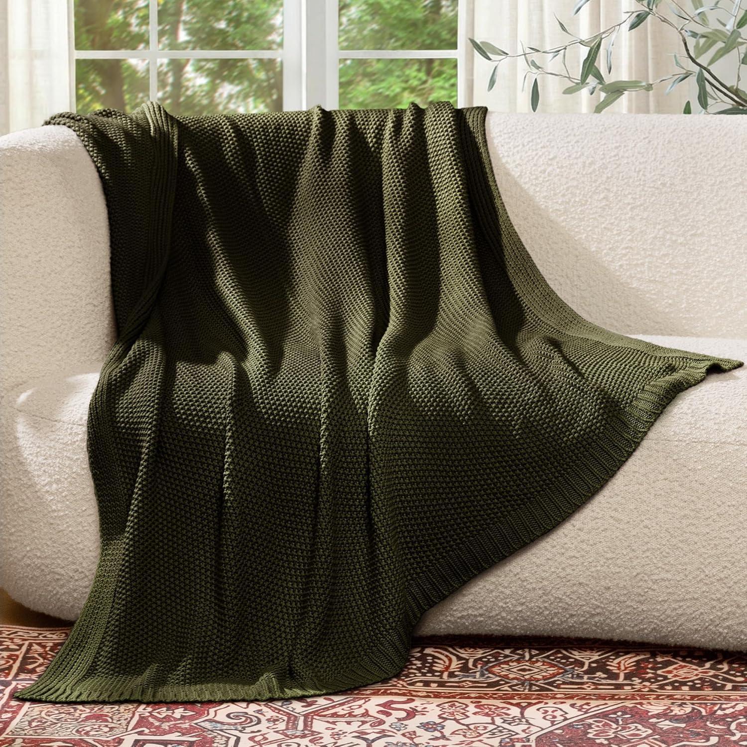 Olive Green Cable Knit Cotton Throw Blanket 50×60 Inch