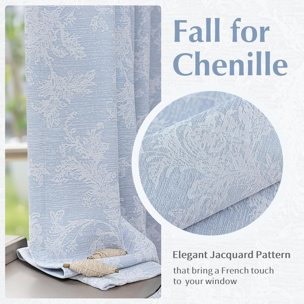 FMFUNCTEX Blue Floral Jacquard Blackout Curtains 96 Inches Long for Bedroom, Scroll Flower Chenille Farmhouse Curtains for Living Room Darkening Thermal Insulated Grommet Window Drapes 2 Panels