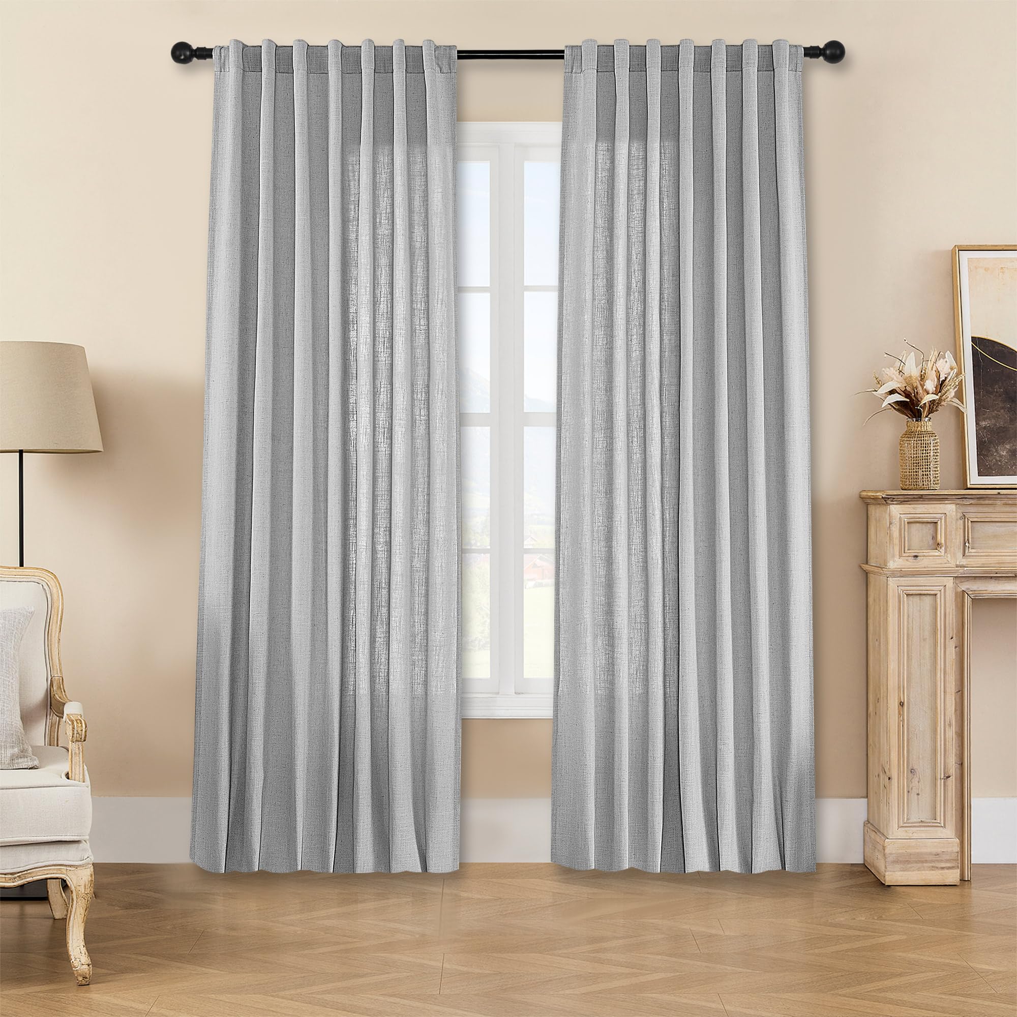 Joydeco Curtains, 108 Inches Long, 2 Panels Set, Farmhouse Drapes for Living Room, Semi-Blackout, Linen-Polyester, Ivory on Linen, Rod Pocket