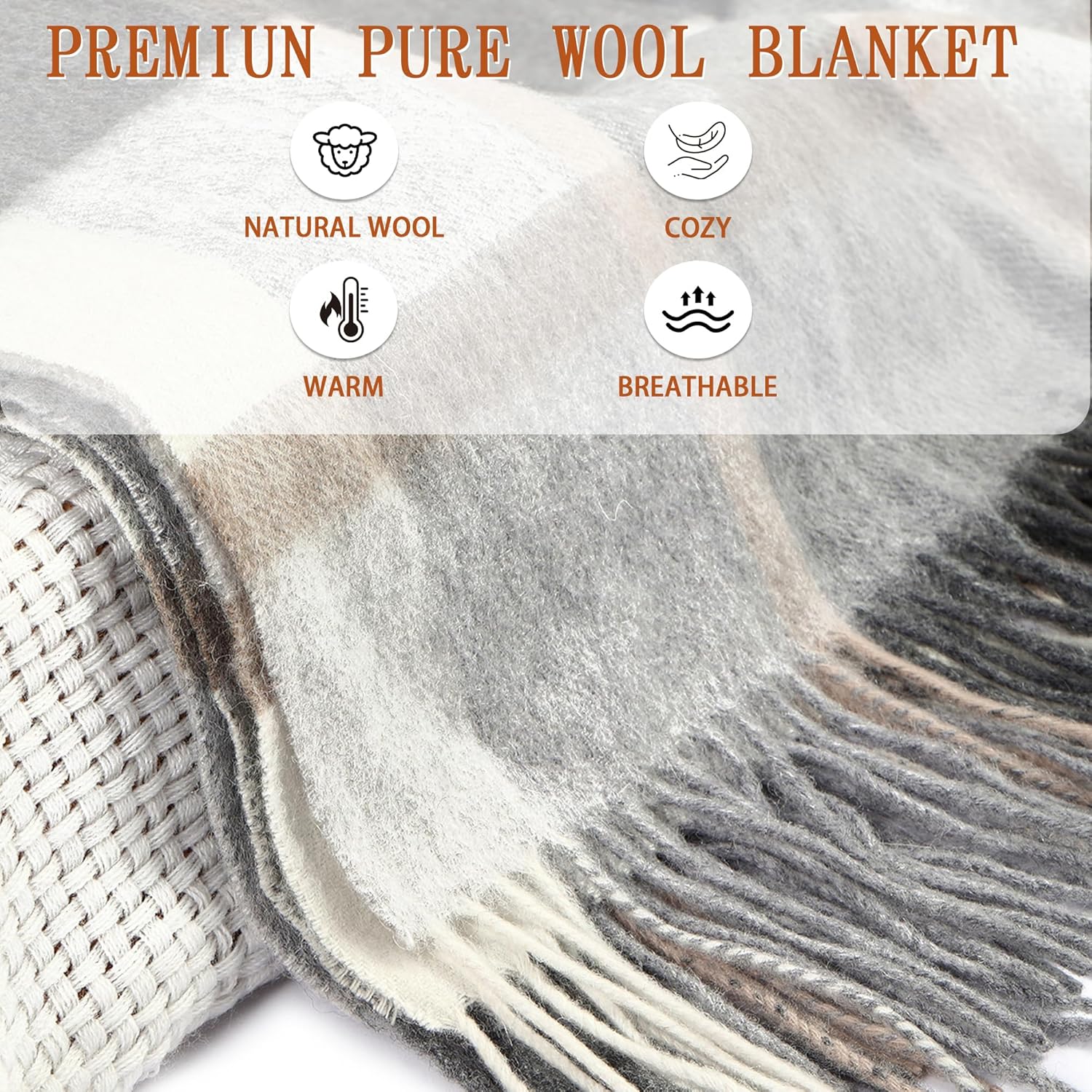 Soft Pure Wool Throw Blanket, Lightweight Warmth, 55"x83", Plaid, Fringe, Compact with Bag, Useful Gift for Women Men, All Season Decorative Cozy Travel Blanket for Couch Bed, Outdoors