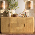 WIN2WIN 63" Fluted Sideboard Buffet Cabinet with Storage, Mid Century Modern Credenza with Faux Marble Top, Curved Corners, Wood Media TV Console Accent Cabinet for Living Room Kitchen Hallway, Walnut