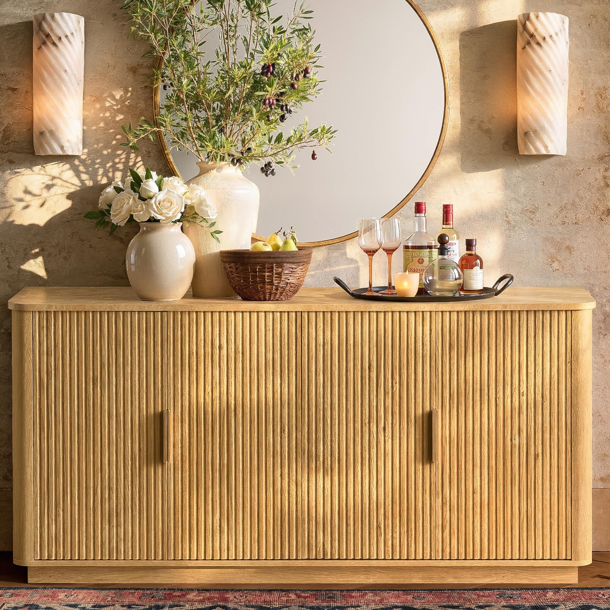 WIN2WIN 63" Fluted Sideboard Buffet Cabinet with Storage, Mid Century Modern Credenza with Faux Marble Top, Curved Corners, Wood Media TV Console Accent Cabinet for Living Room Kitchen Hallway, Walnut