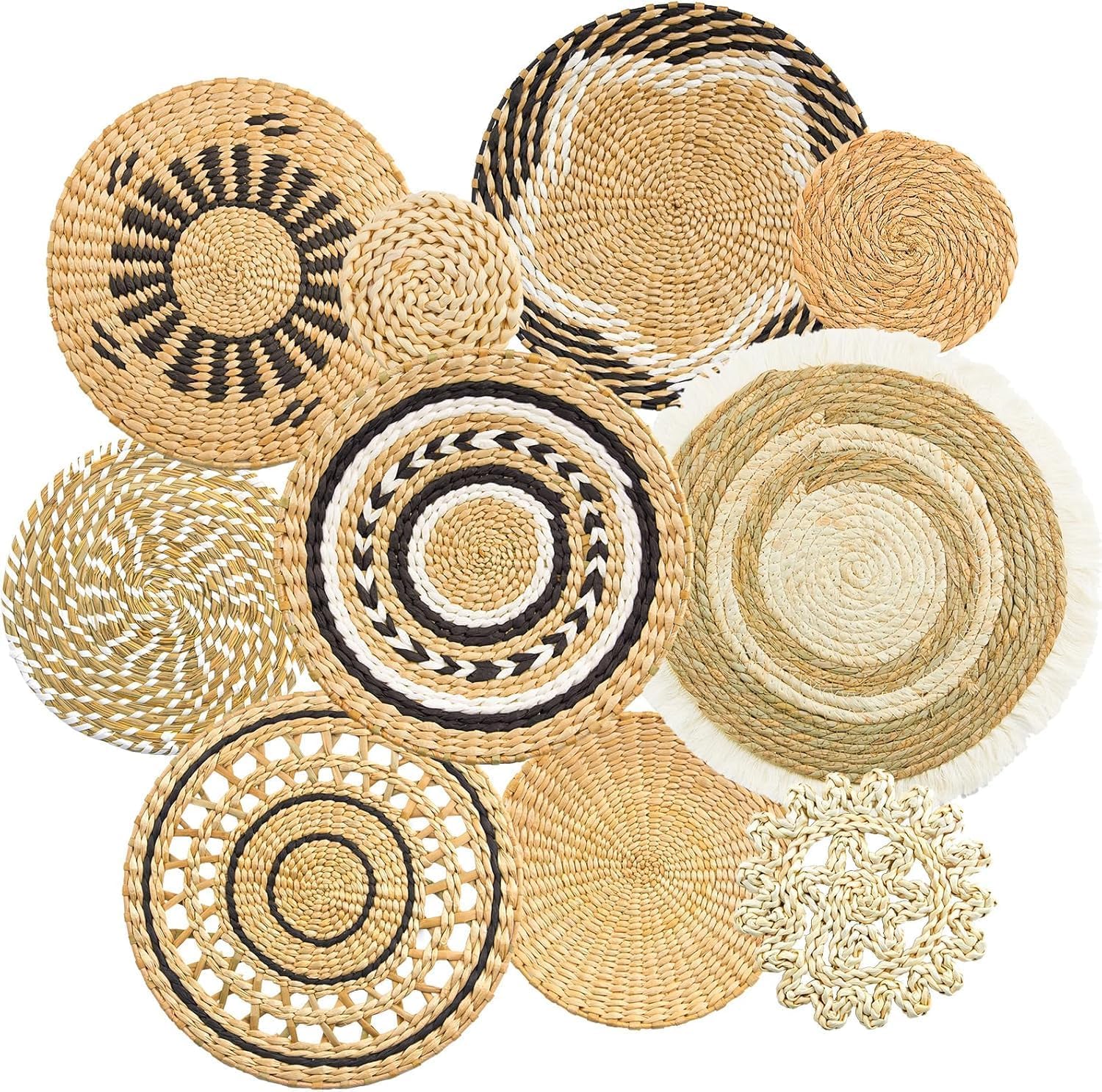 8 Pack Boho Wall Decor, 12 Inch Wall Basket Decor Round Handmade Hanging, Rattan Woven Wall Basket Decor for Living room, Rustic Flat Elegant, Farmhouse, Bedrooms, Table Settings, Kitchen Home