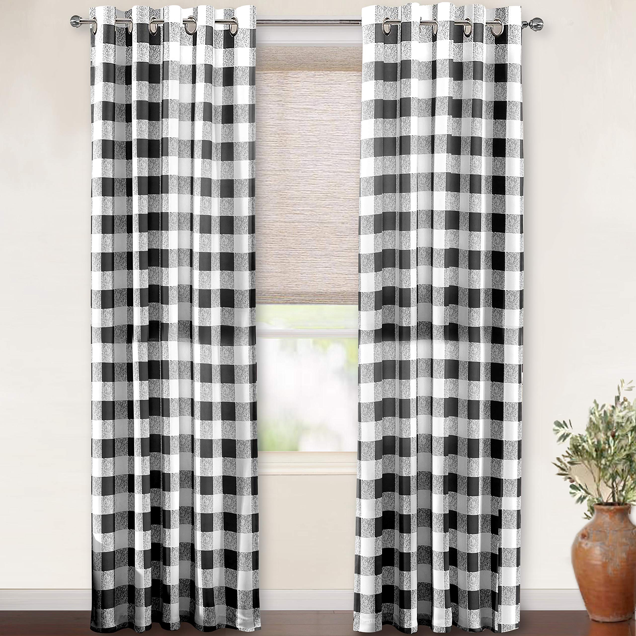 DriftAway Buffalo Plaid Blackout Curtains Linen Textured Farmhouse Double Layer Thermal Insulated Yarn Dyed Woven Checkered Gingham Grommet Drapes for Living Room 2 Panels Each 52W x 84L Taupe