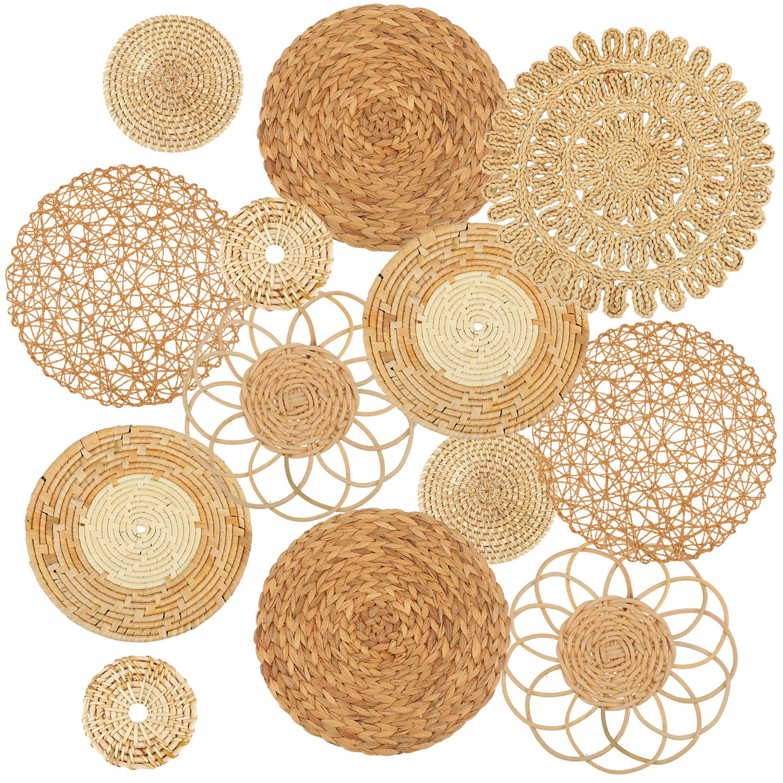 Glenmal Set of 13 Boho Wall Basket Decor Woven Rattan Flat Baskets Handmade Boho Wicker Bamboo Seagrass Wall Hanging Decor for Bedroom Living Room Dining Room Office Ready to Hang(Plain)