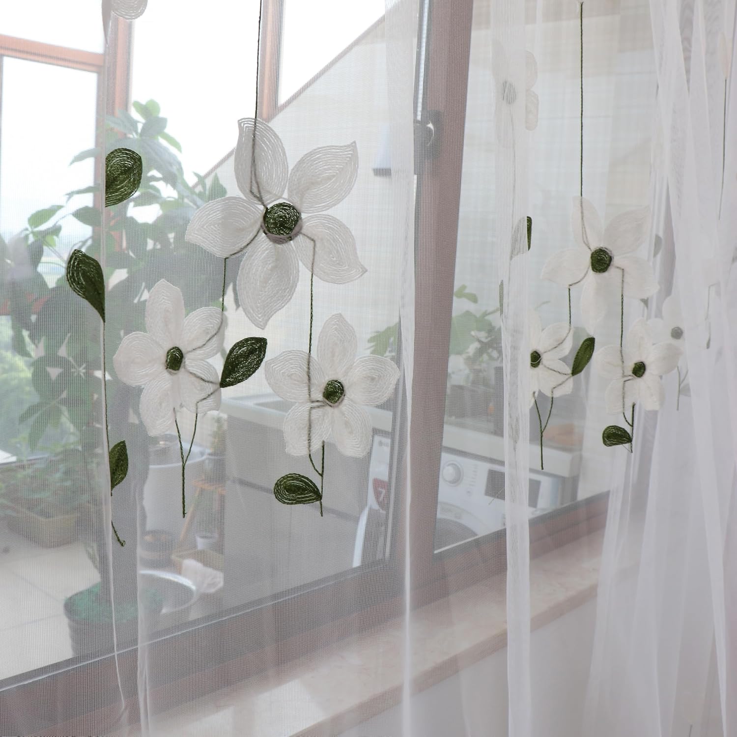 SLOW SOUL Set of 2 Panels White Magnolia Flower Embroidered Sheer Curtains for Bedroom Living Dining Room Window Treatments Drapes Villa Lace Curtain Voile Rod Pocket 52W X 90L inch