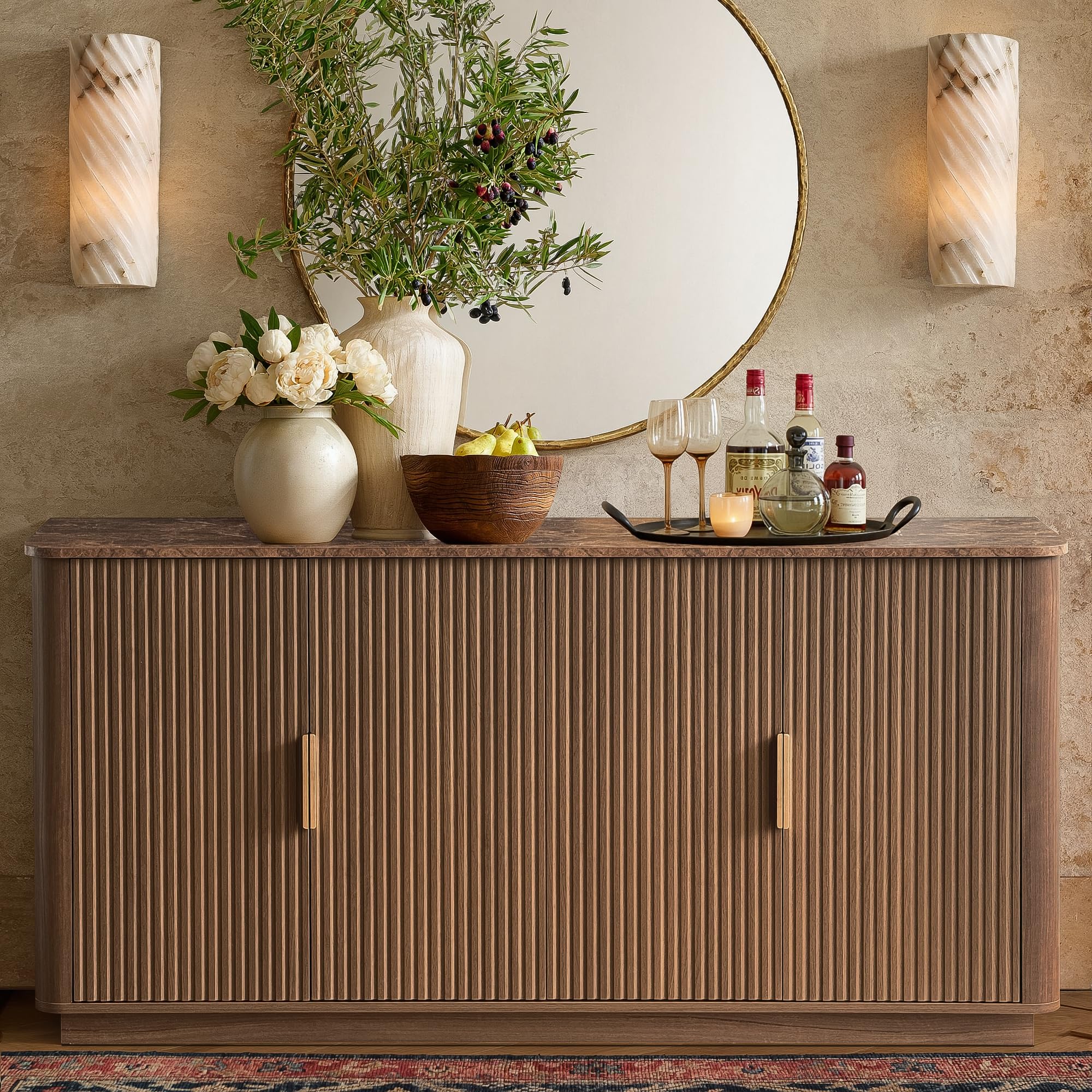 WIN2WIN 63" Fluted Sideboard Buffet Cabinet with Storage, Mid Century Modern Credenza with Faux Marble Top, Curved Corners, Wood Media TV Console Accent Cabinet for Living Room Kitchen Hallway, Walnut