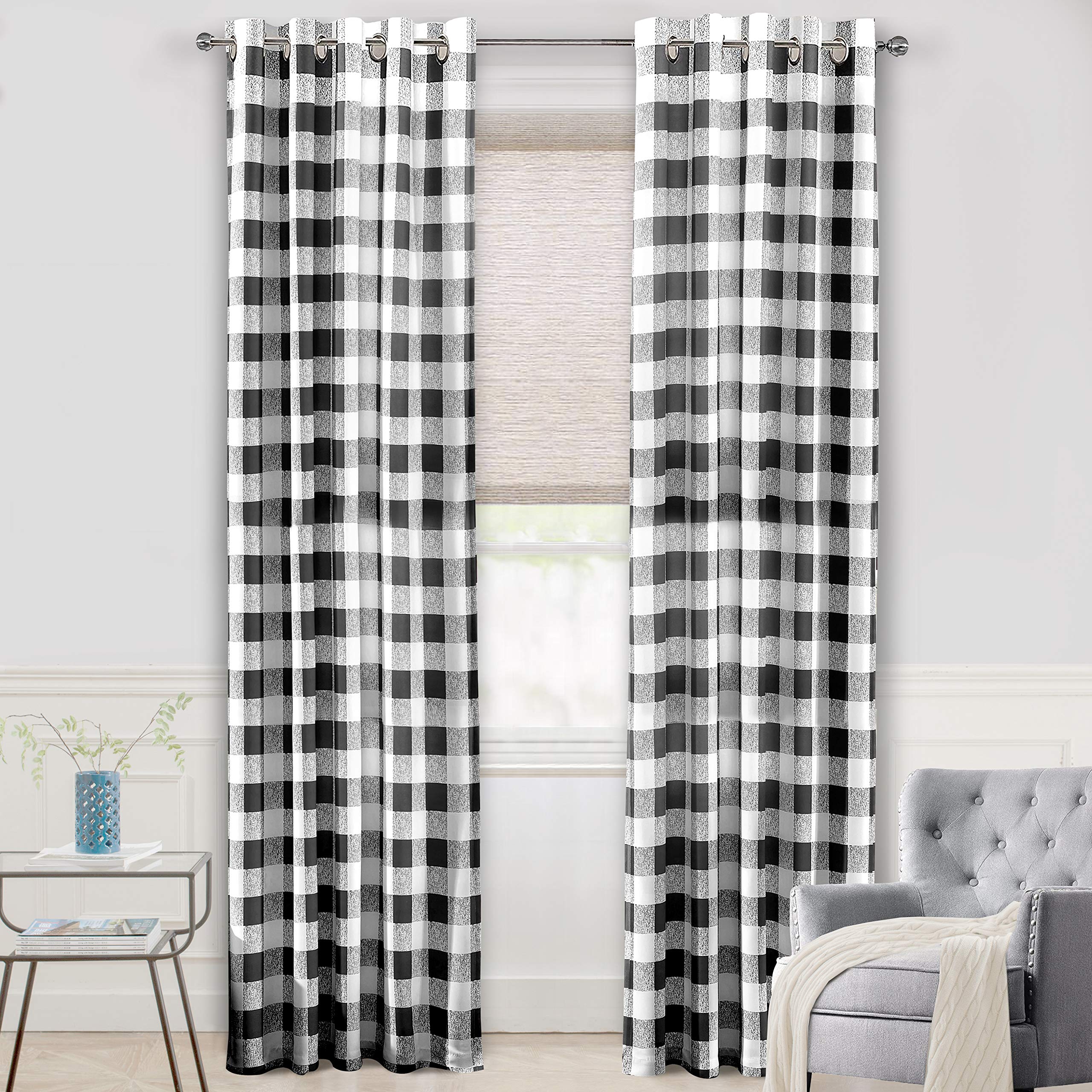 DriftAway Buffalo Plaid Blackout Curtains Linen Textured Farmhouse Double Layer Thermal Insulated Yarn Dyed Woven Checkered Gingham Grommet Drapes for Living Room 2 Panels Each 52W x 84L Taupe