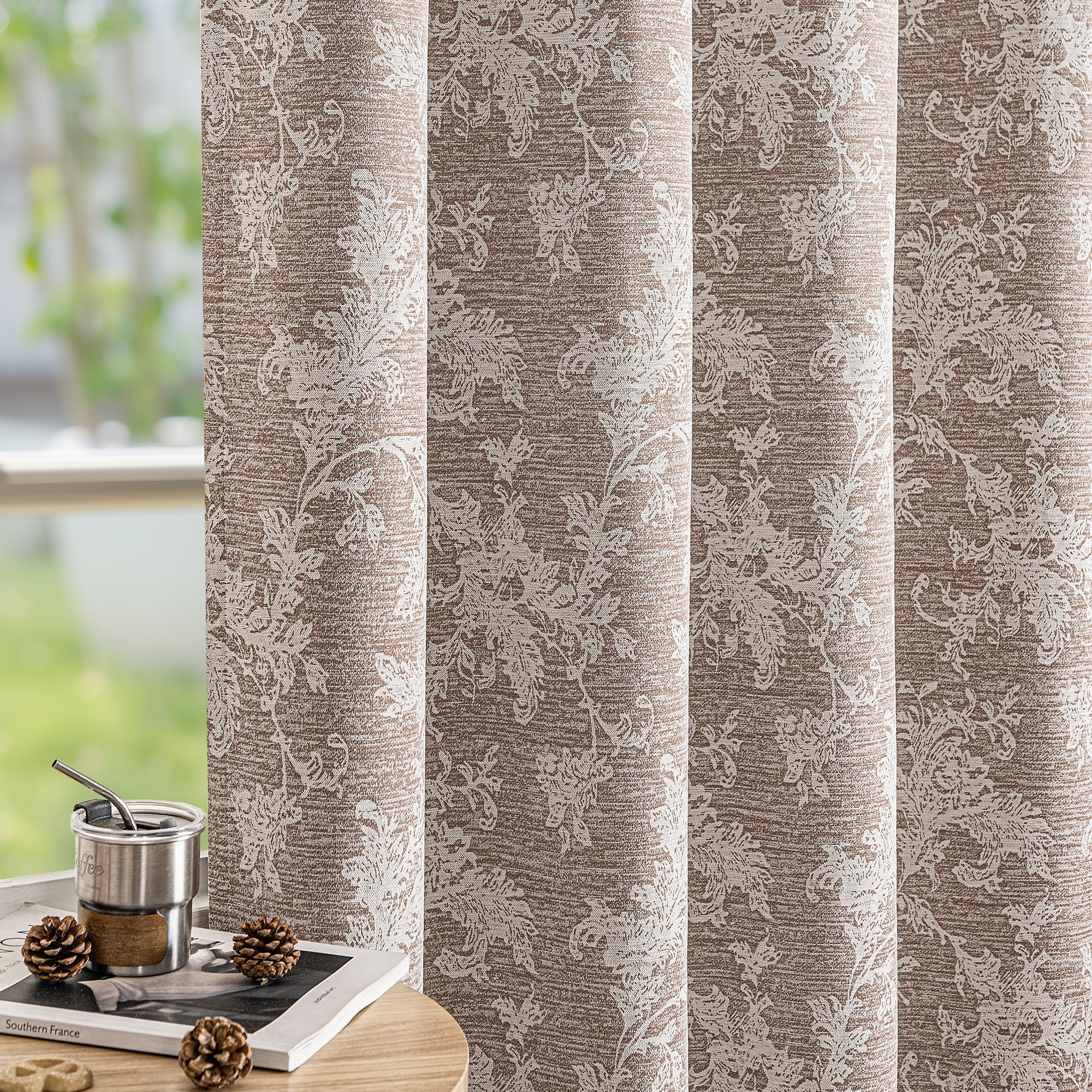 FMFUNCTEX Blue Floral Jacquard Blackout Curtains 96 Inches Long for Bedroom, Scroll Flower Chenille Farmhouse Curtains for Living Room Darkening Thermal Insulated Grommet Window Drapes 2 Panels