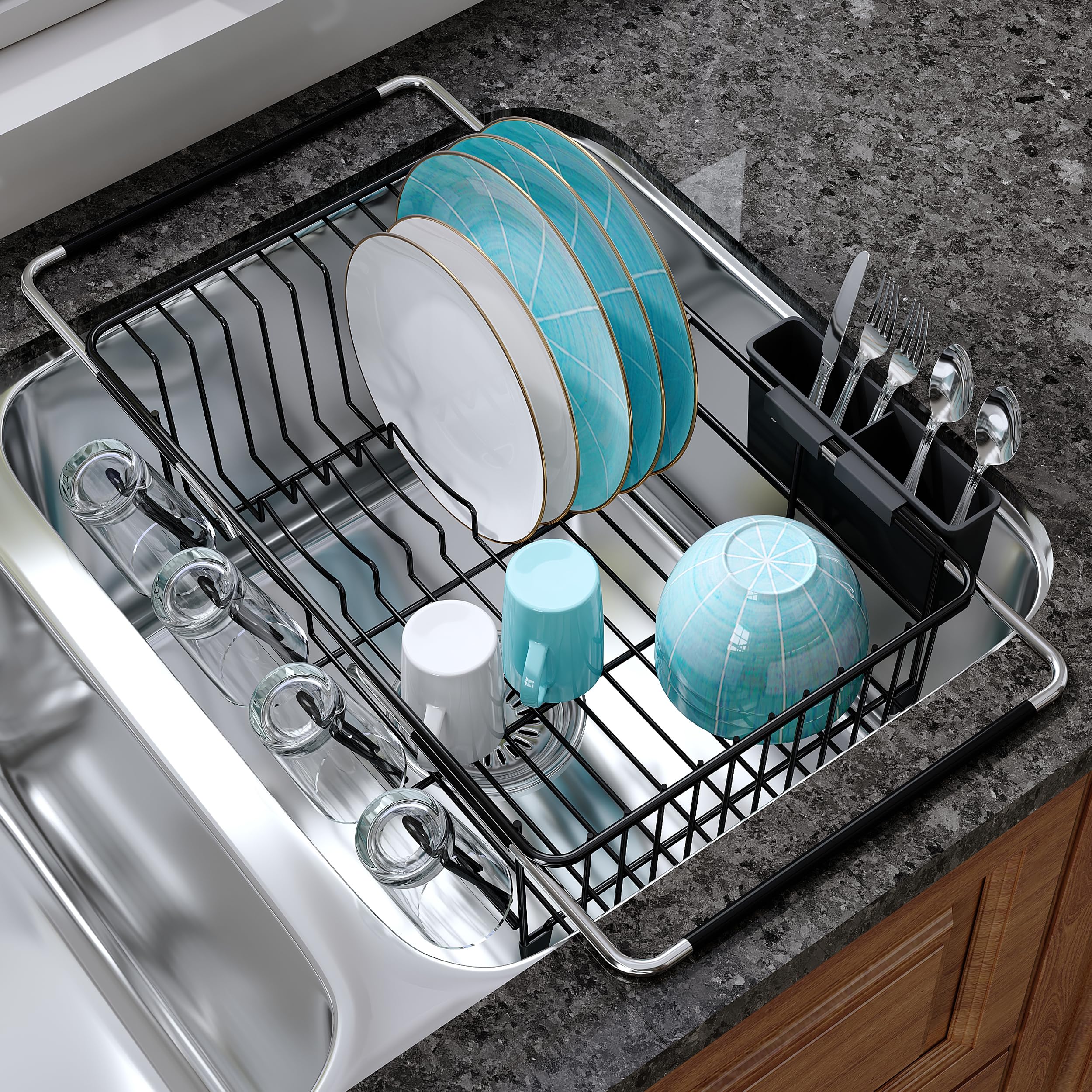 JASIWAY Dish Drying Rack in Sink, Expandable Stainless Steel Dish Drainers for Kitchen Counter, Dish Dryer Rack for Inside Sink, Over The Sink Dish Racks with Utensil Holder, Silver